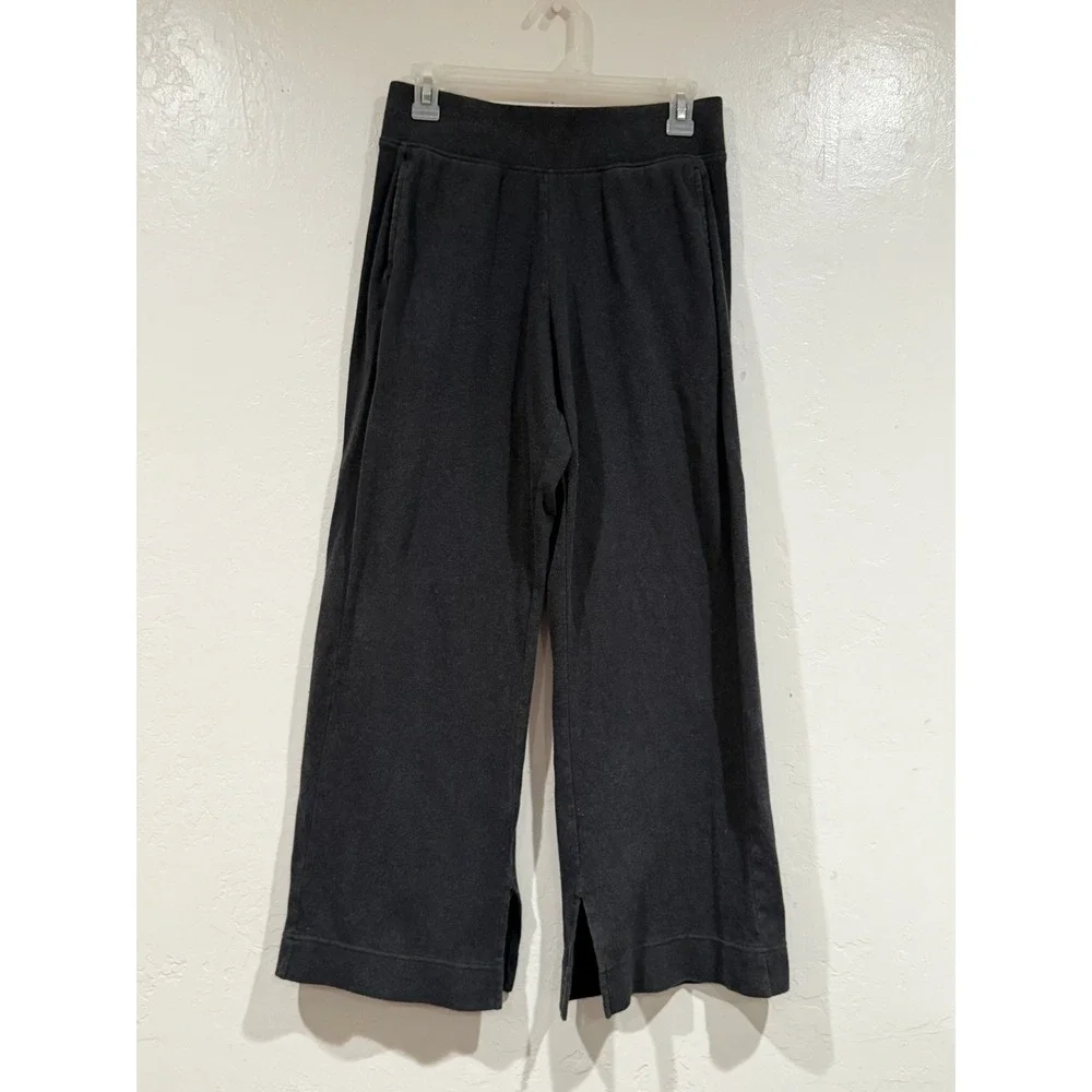Pact Organic Cotton Wide Leg Pants Charcoal Grey Side Slit Cropped Lounge Size M - Picture 2 of 8